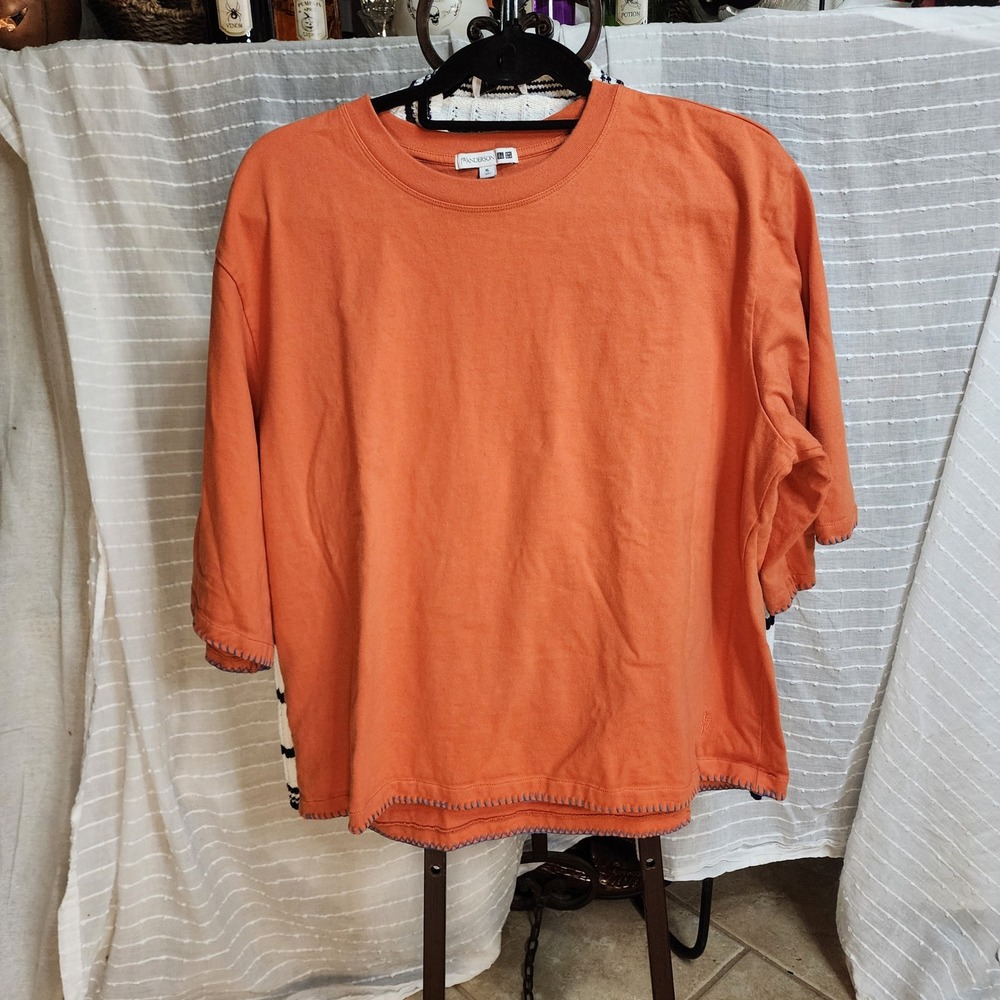 JW Anderson Uniqlo Orange Blanket Stitch Boxy T-Shirt Womens XL Elbow Sleeve